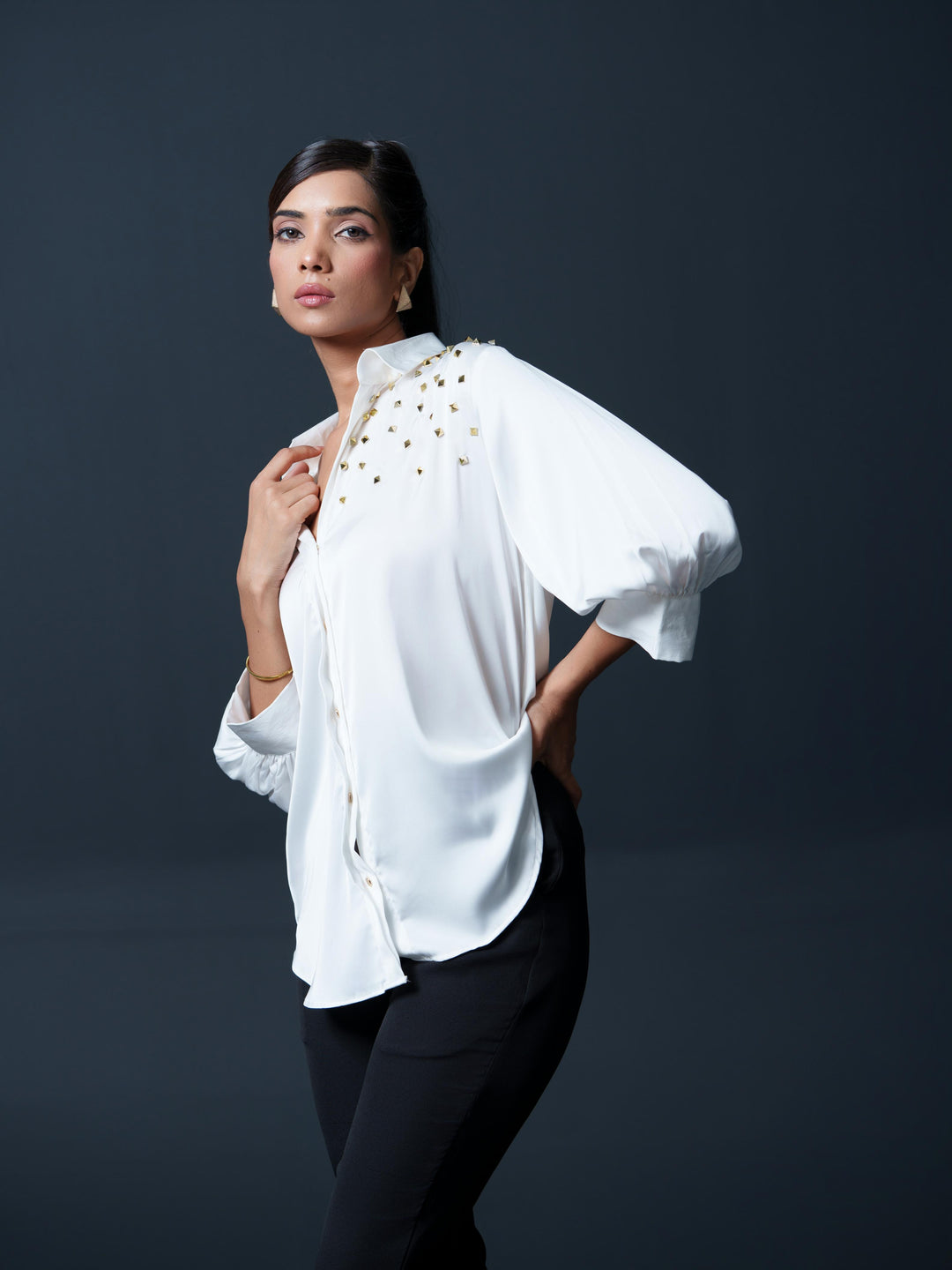 Riveted Premium Satin Shirt with Rivets on Shoulder