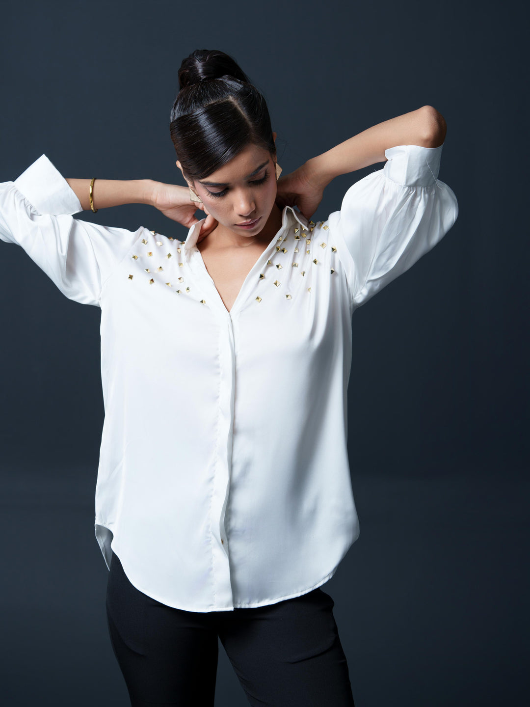 Riveted Premium Satin Shirt with Rivets on Shoulder