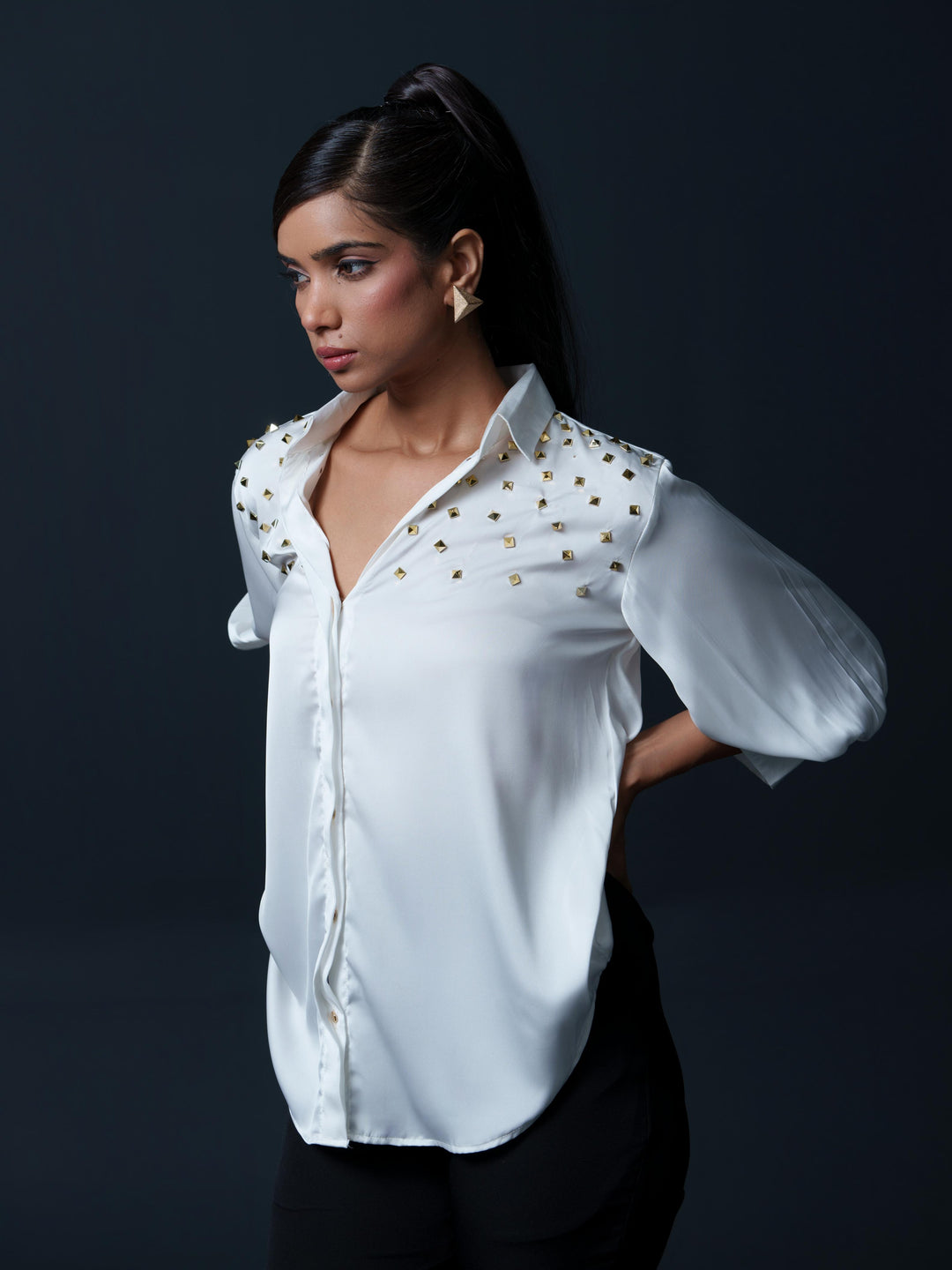 Riveted Premium Satin Shirt with Rivets on Shoulder