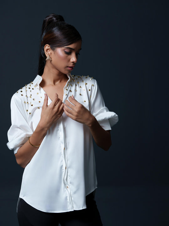 Riveted Premium Satin Shirt with Rivets on Shoulder
