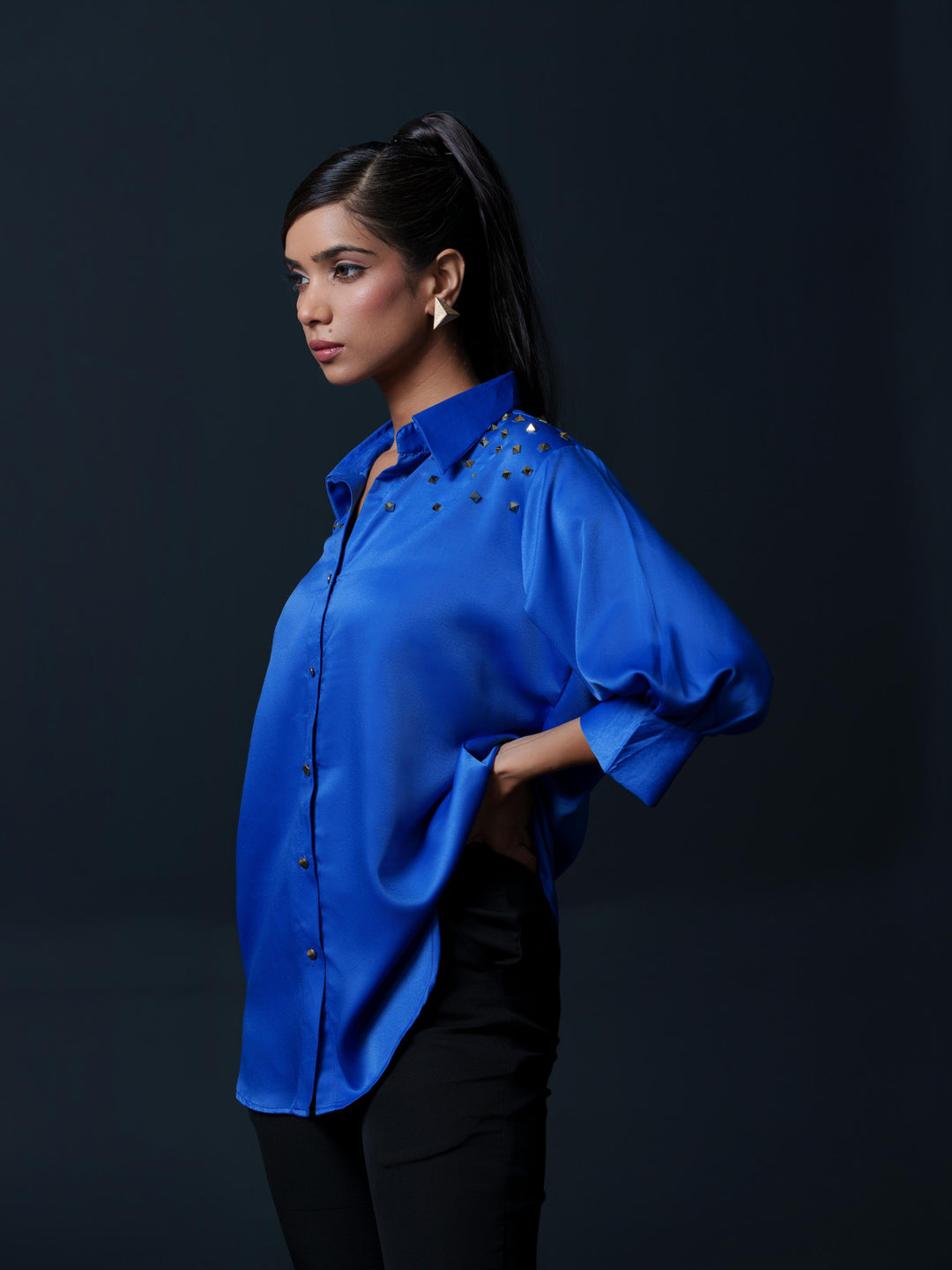 Riveted Premium Satin Shirt with Rivets on Shoulder