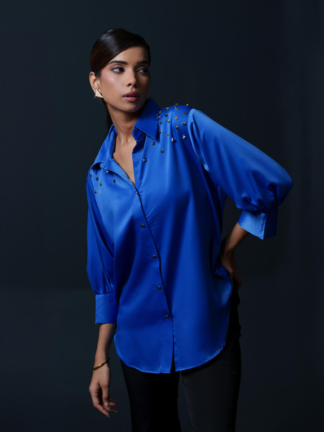 Riveted Premium Satin Shirt with Rivets on Shoulder