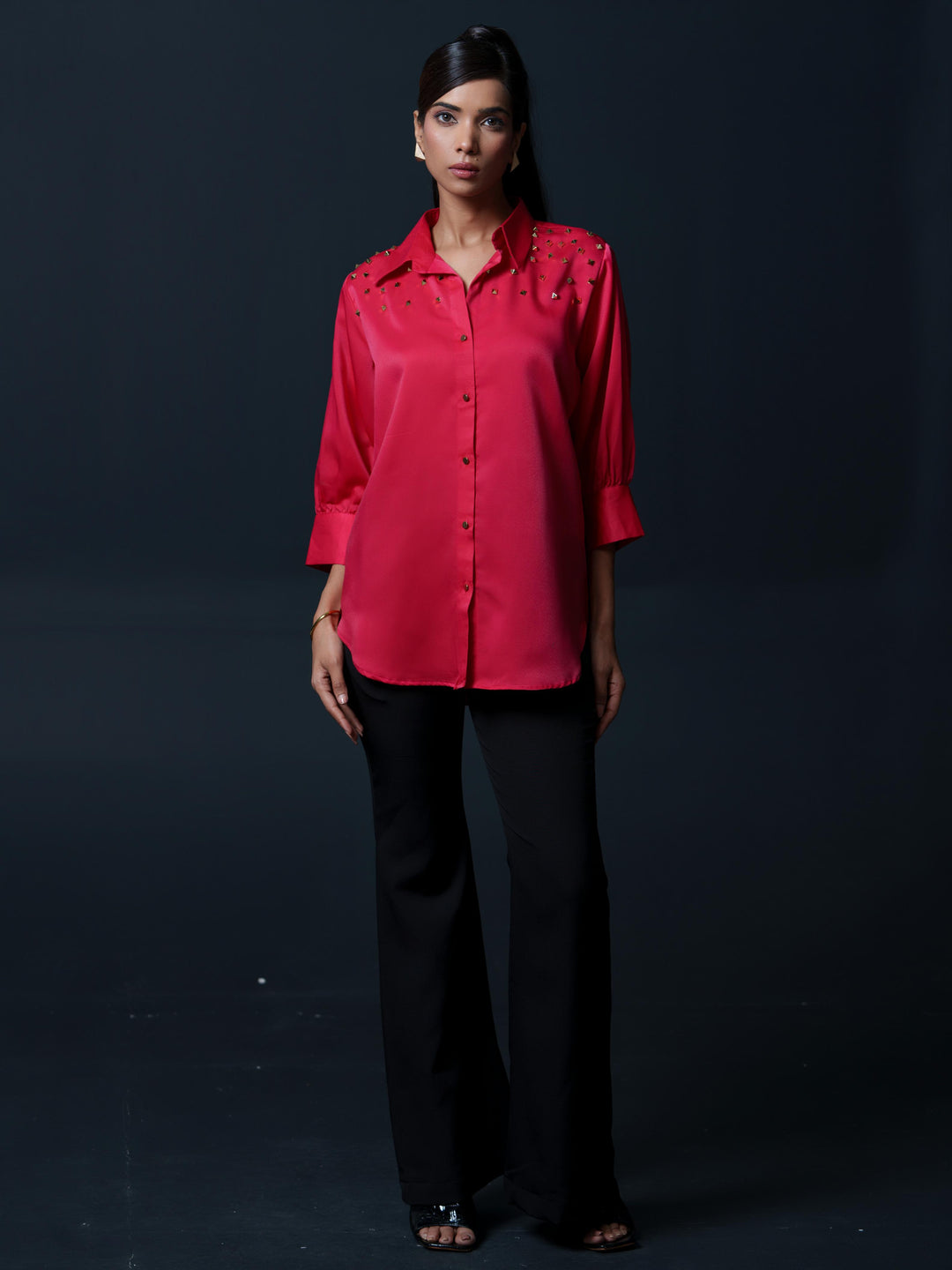 Riveted Premium Satin Shirt with Rivets on Shoulder