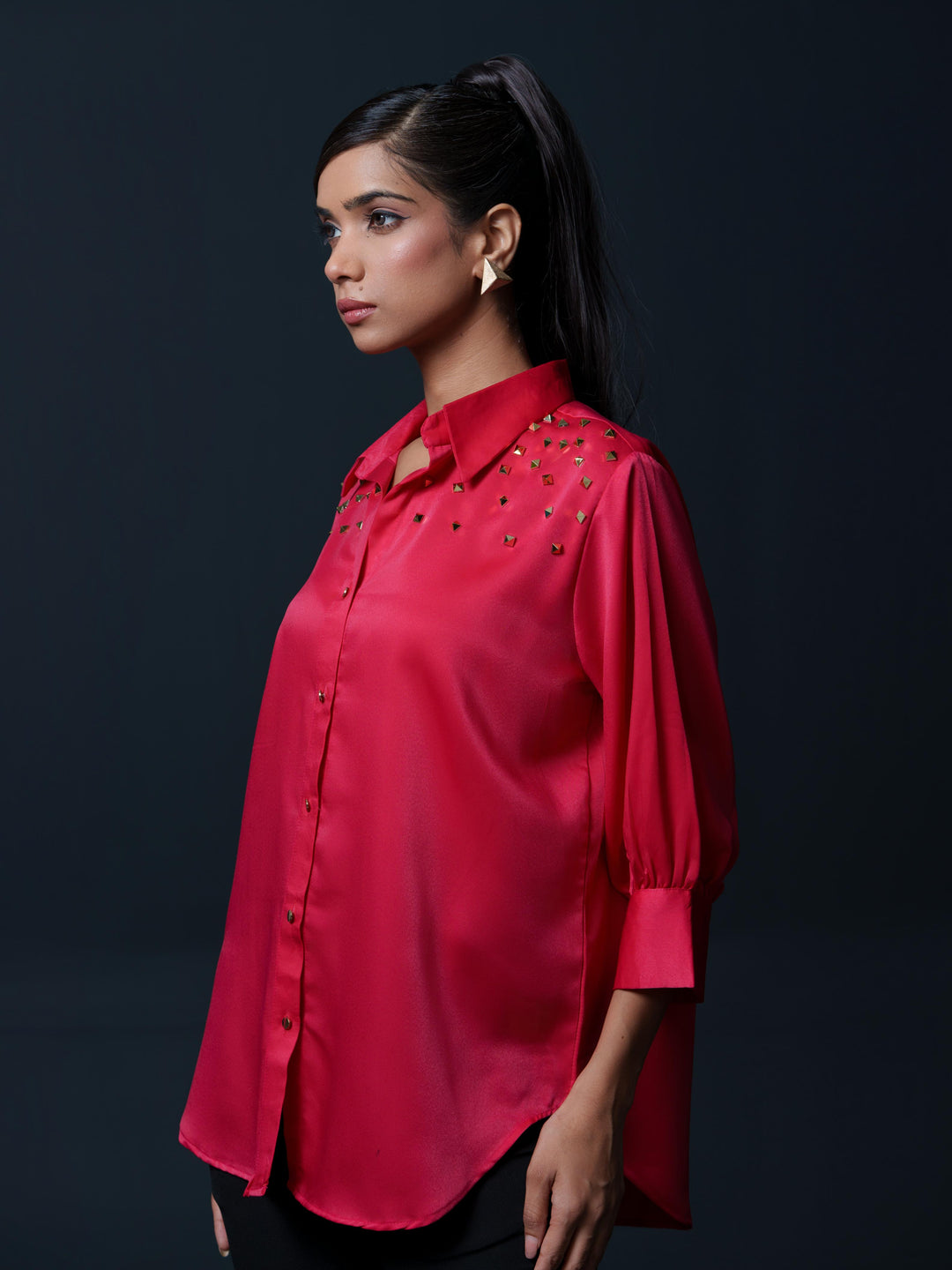 Riveted Premium Satin Shirt with Rivets on Shoulder