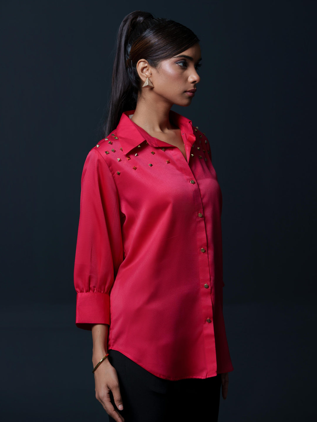 Riveted Premium Satin Shirt with Rivets on Shoulder