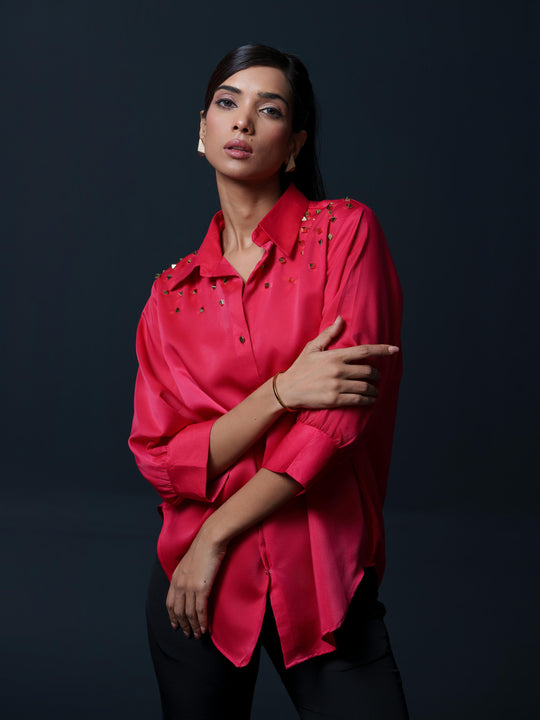 Riveted Premium Satin Shirt with Rivets on Shoulder