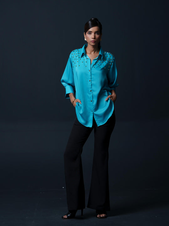Riveted Premium Satin Shirt with Rivets on Shoulder