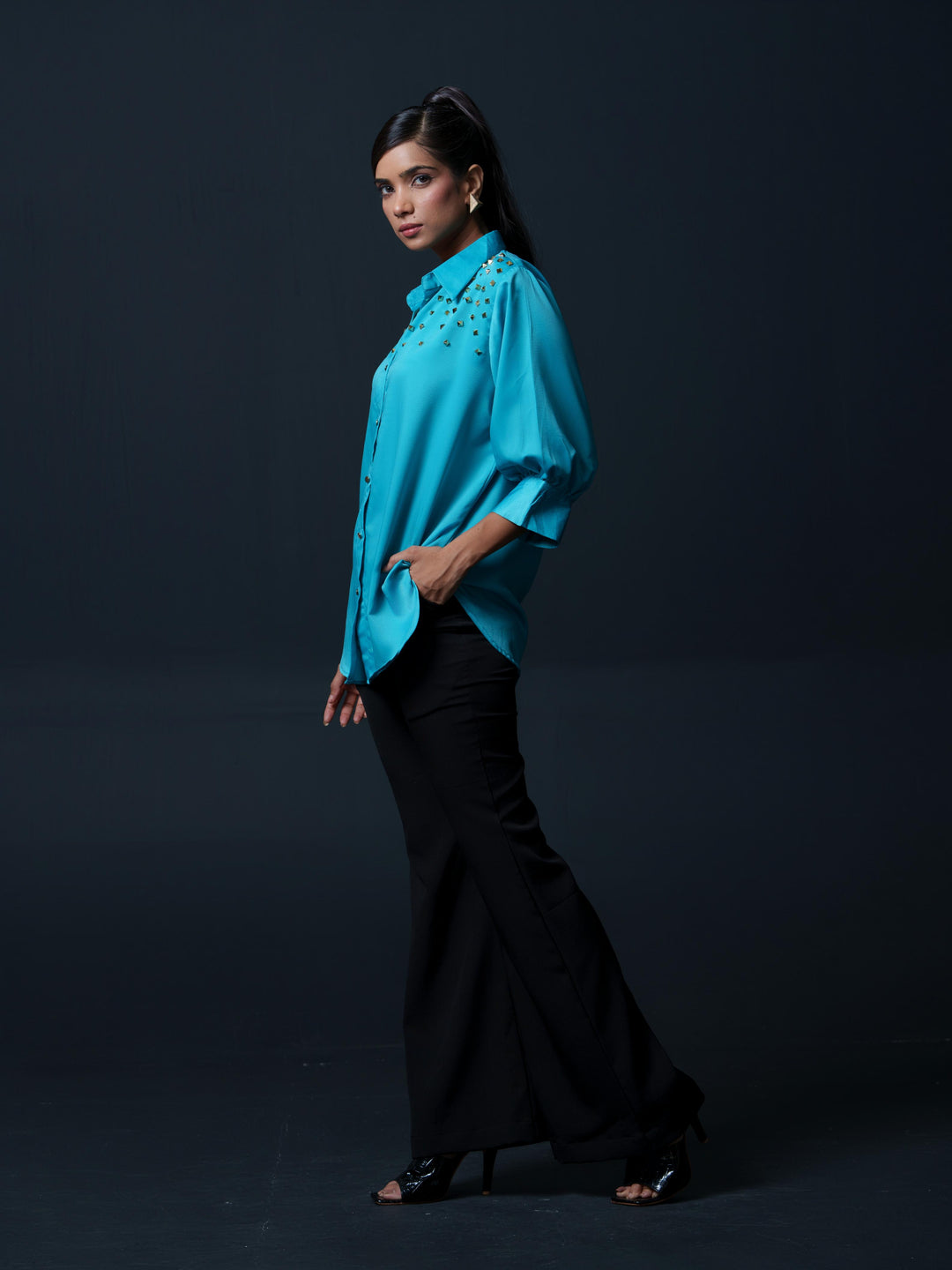 Riveted Premium Satin Shirt with Rivets on Shoulder