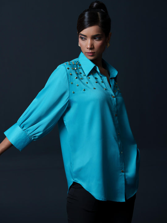 Riveted Premium Satin Shirt with Rivets on Shoulder
