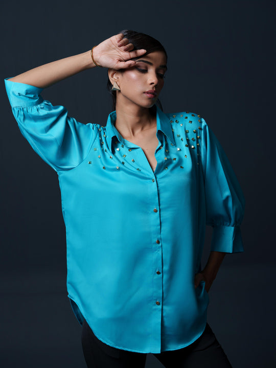Riveted Premium Satin Shirt with Rivets on Shoulder
