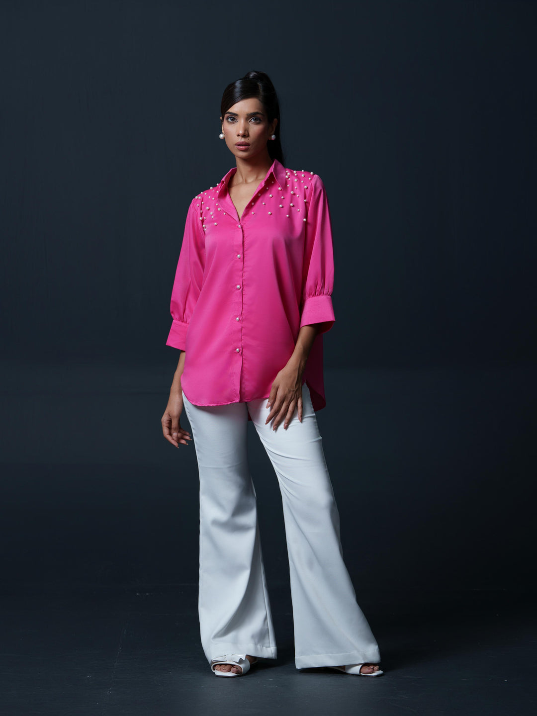 Pearled- Premium Satin Shirt with Pearl Detailing On Shoulders