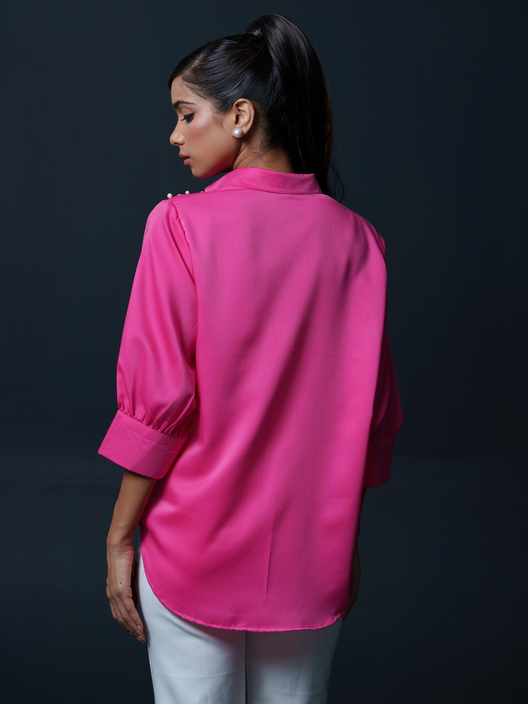 Pearled- Premium Satin Shirt with Pearl Detailing On Shoulders
