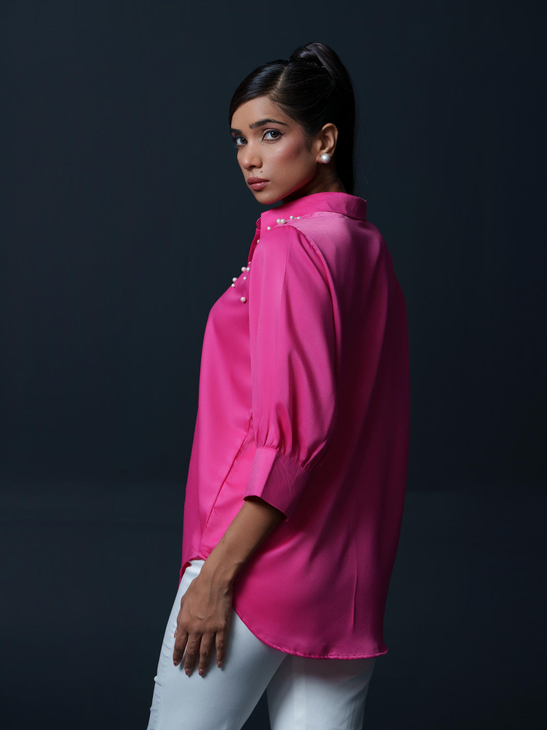 Pearled- Premium Satin Shirt with Pearl Detailing On Shoulders