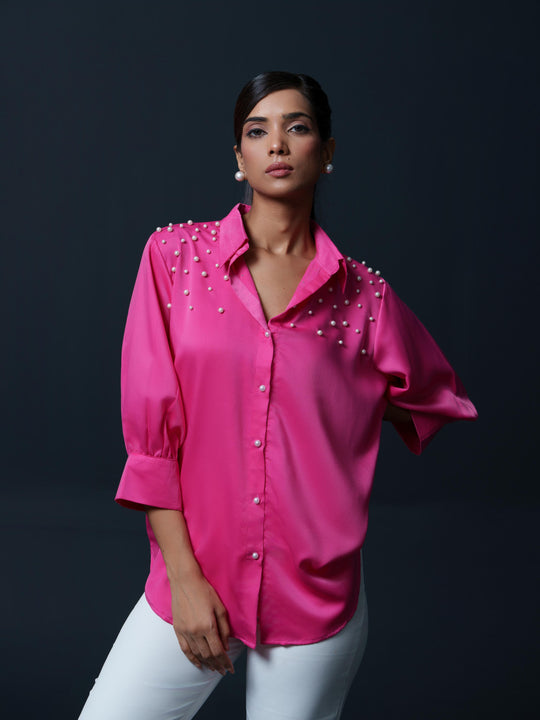 Pearled- Premium Satin Shirt with Pearl Detailing On Shoulders