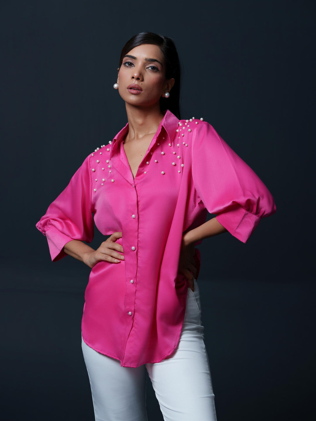 Pearled- Premium Satin Shirt with Pearl Detailing On Shoulders