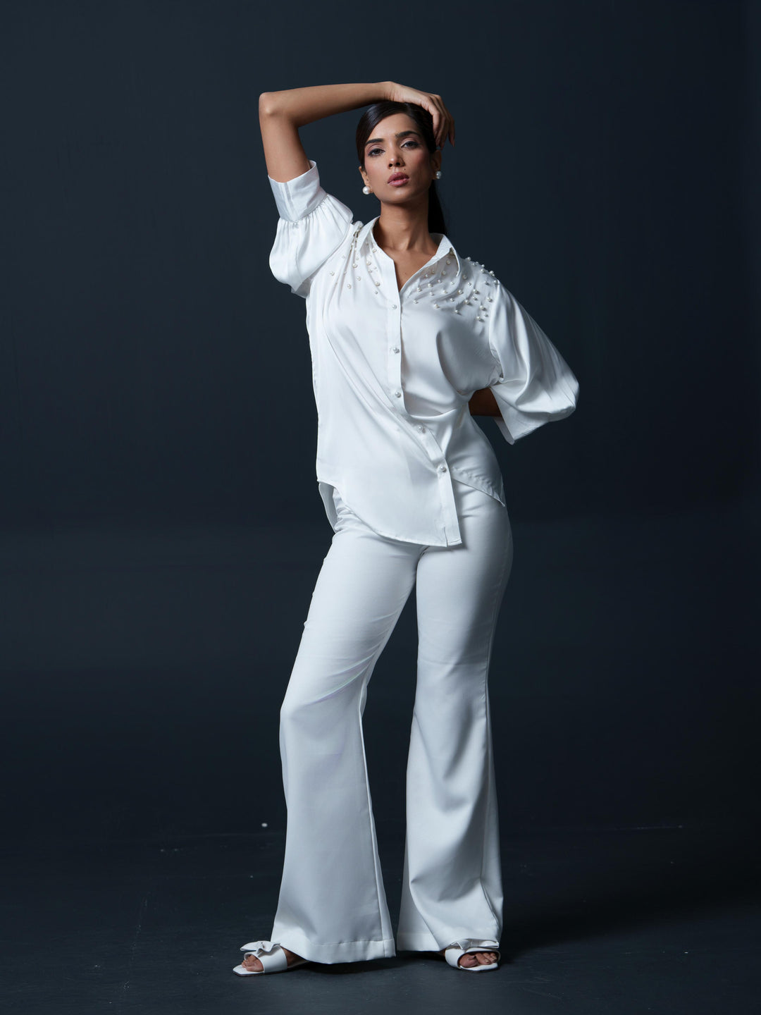 Pearled- Premium Satin Shirt with Pearl Detailing On Shoulders