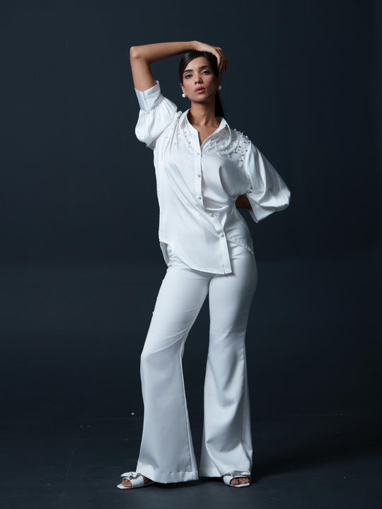 Pearled- Premium Satin Shirt with Pearl Detailing On Shoulders