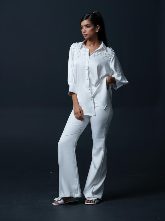 Pearled- Premium Satin Shirt with Pearl Detailing On Shoulders