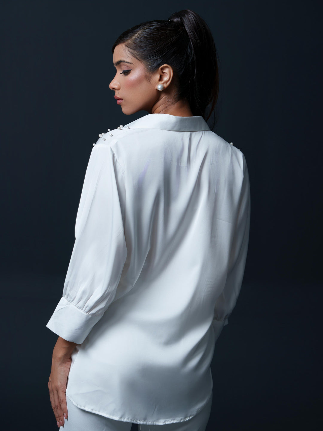 Pearled- Premium Satin Shirt with Pearl Detailing On Shoulders