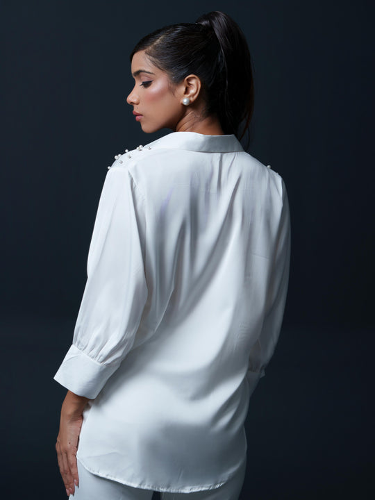 Pearled- Premium Satin Shirt with Pearl Detailing On Shoulders