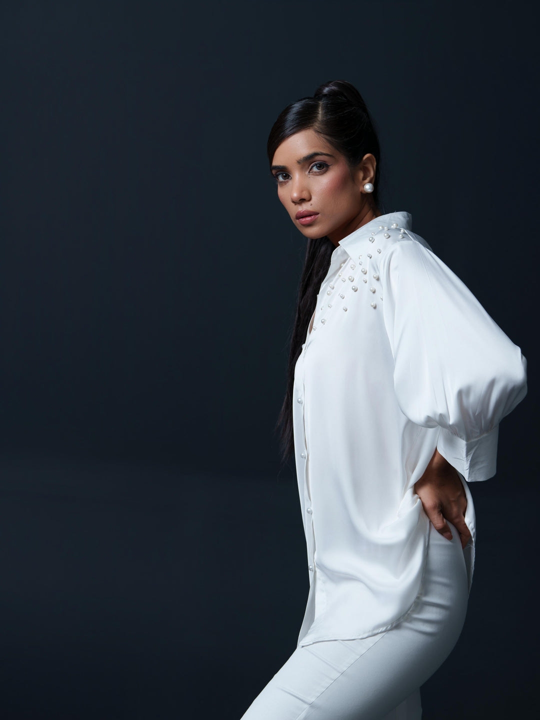 Pearled- Premium Satin Shirt with Pearl Detailing On Shoulders