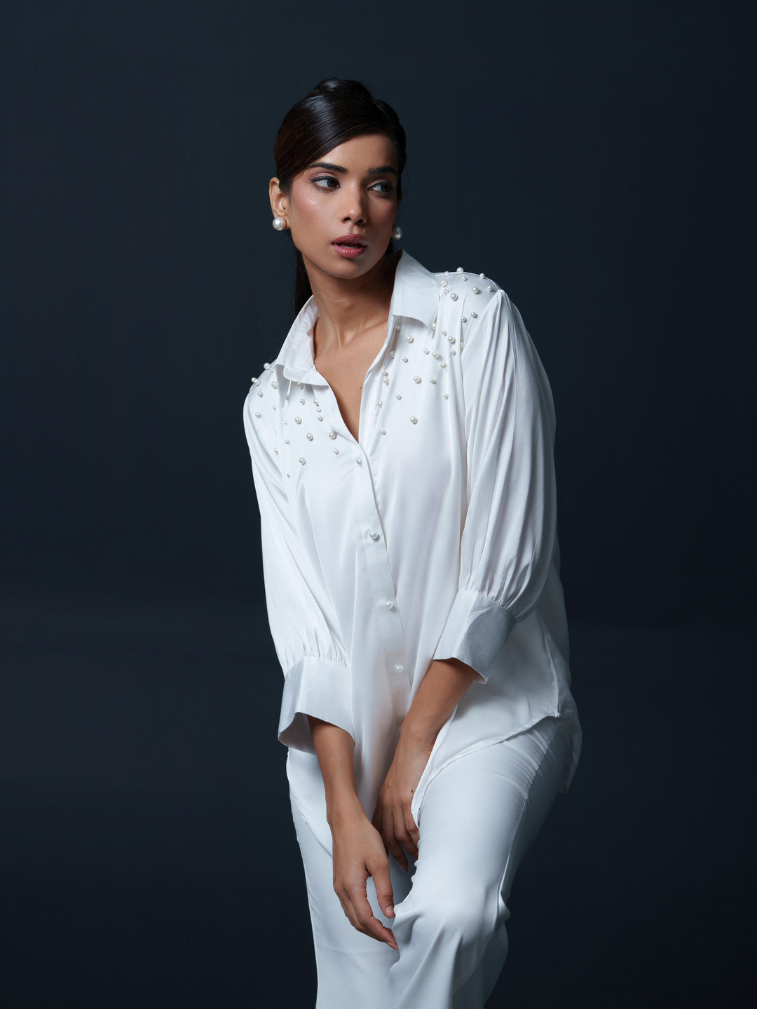 Pearled- Premium Satin Shirt with Pearl Detailing On Shoulders