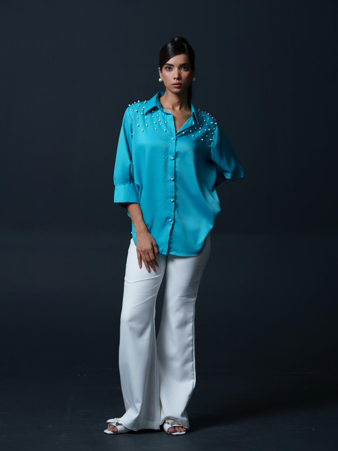 Pearled- Premium Satin Shirt with Pearl Detailing On Shoulders