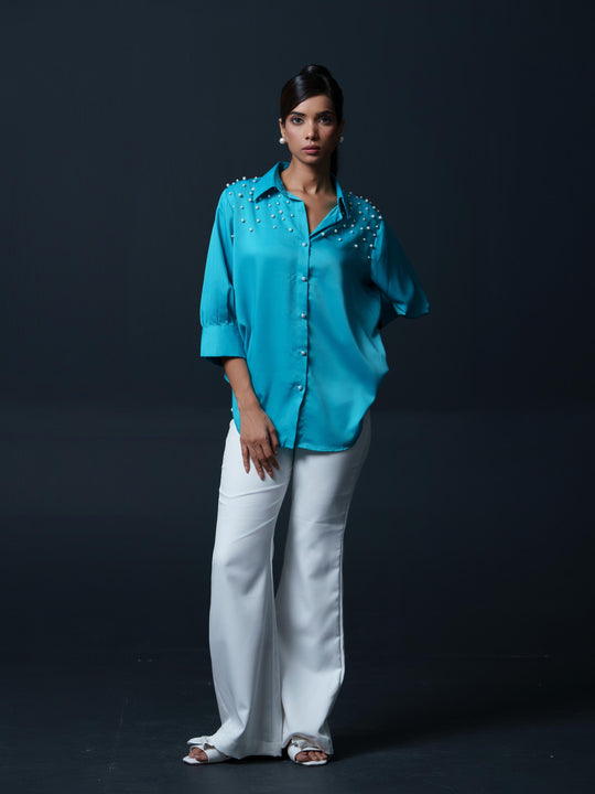 Pearled- Premium Satin Shirt with Pearl Detailing On Shoulders