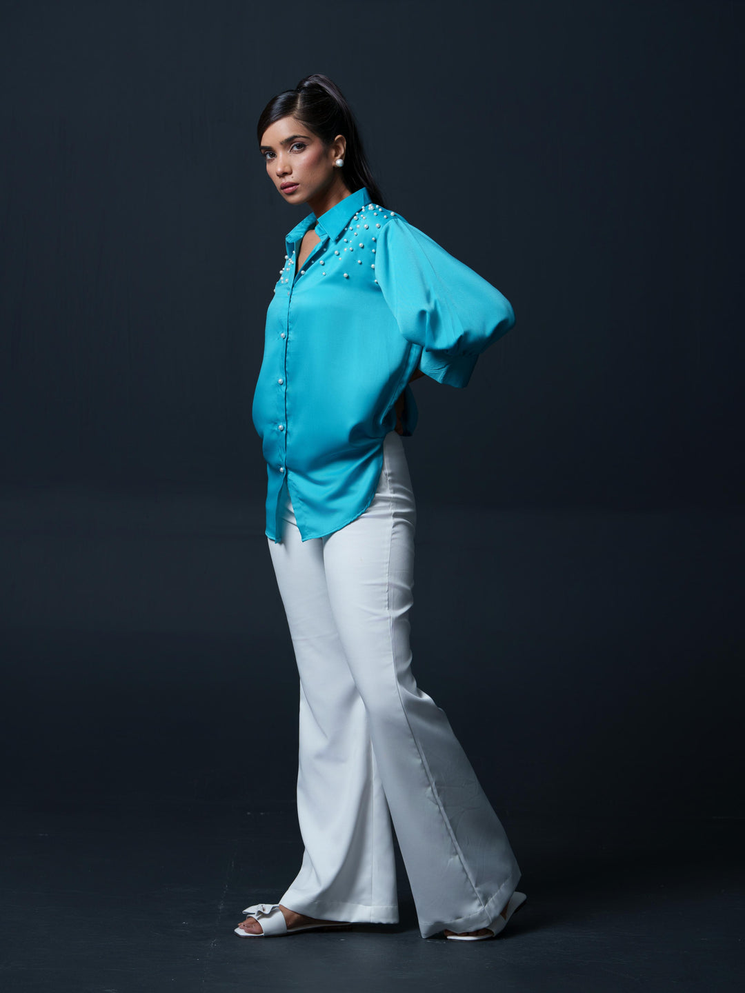 Pearled- Premium Satin Shirt with Pearl Detailing On Shoulders