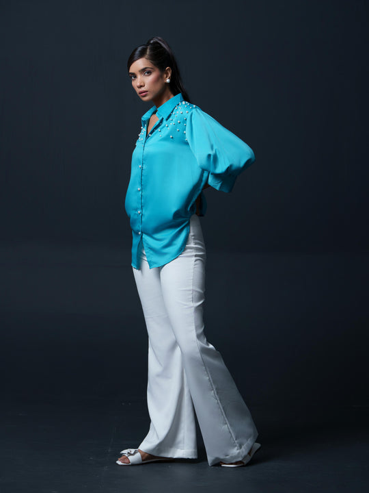 Pearled- Premium Satin Shirt with Pearl Detailing On Shoulders