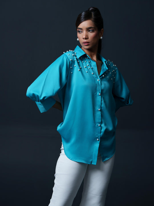 Pearled- Premium Satin Shirt with Pearl Detailing On Shoulders