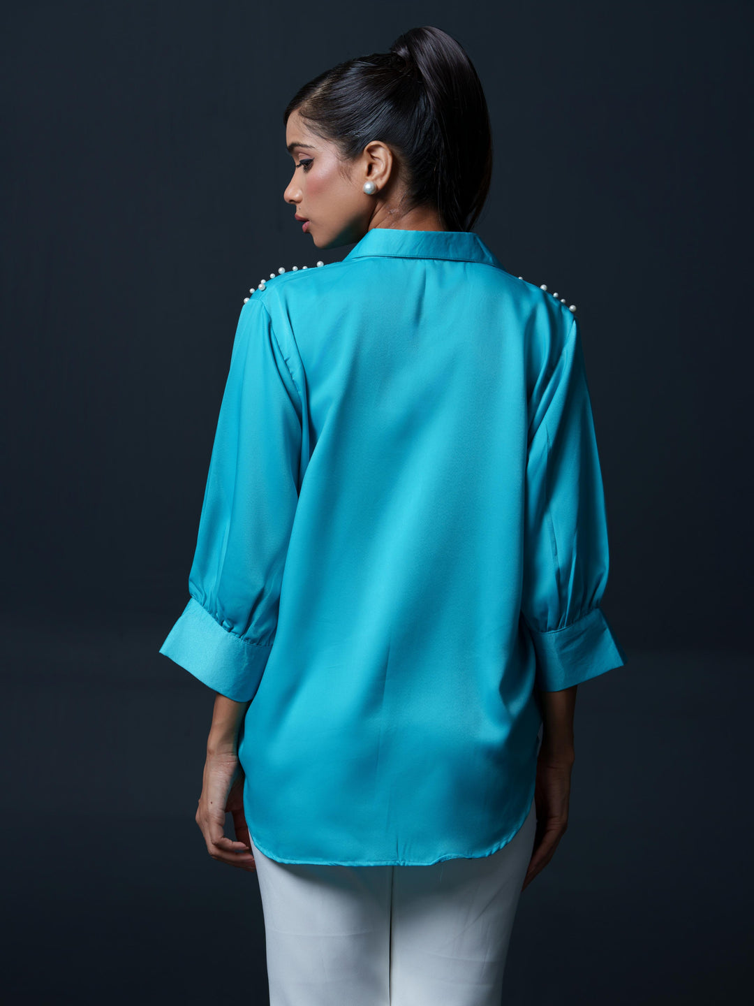 Pearled- Premium Satin Shirt with Pearl Detailing On Shoulders