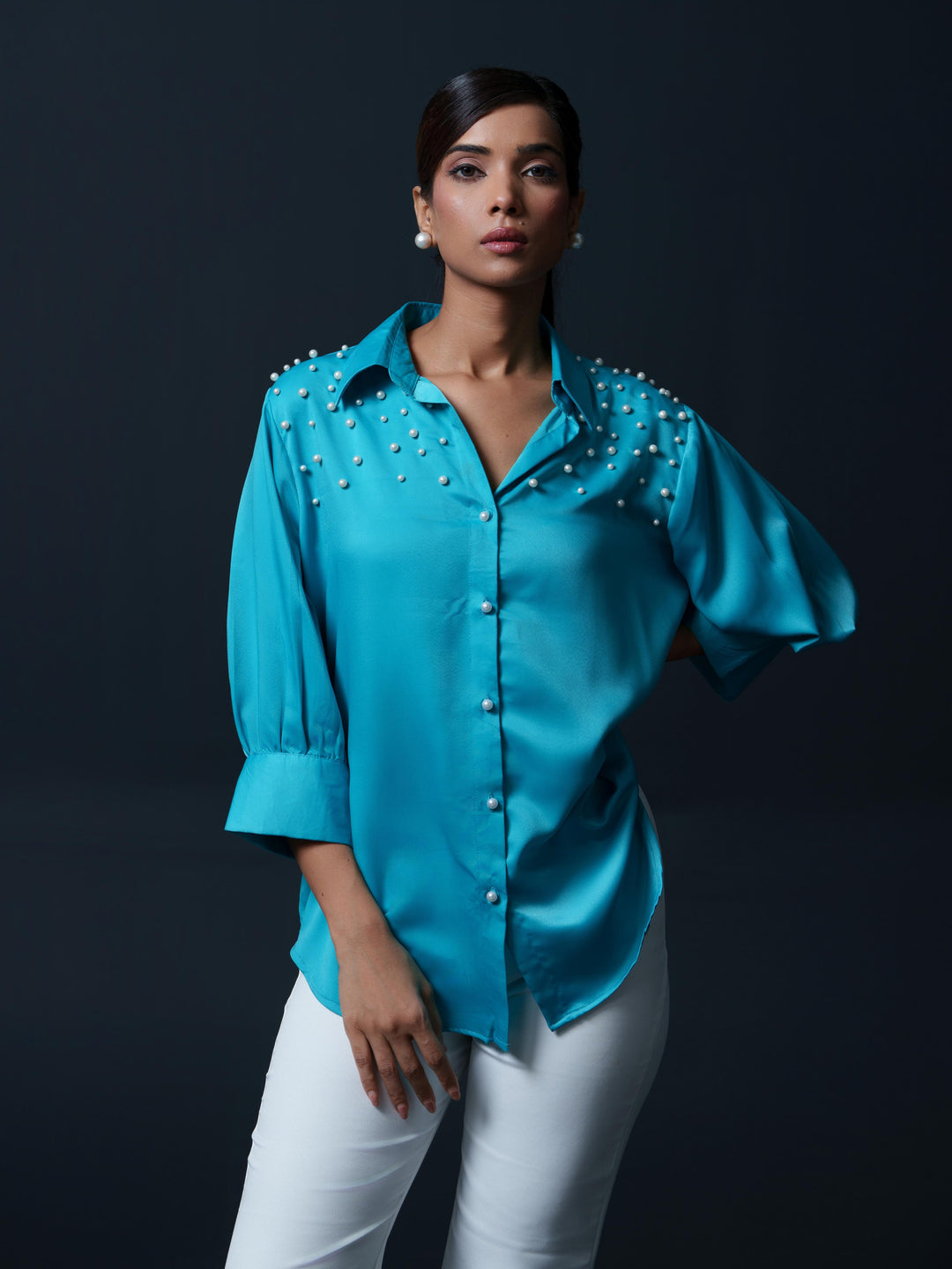 Pearled- Premium Satin Shirt with Pearl Detailing On Shoulders