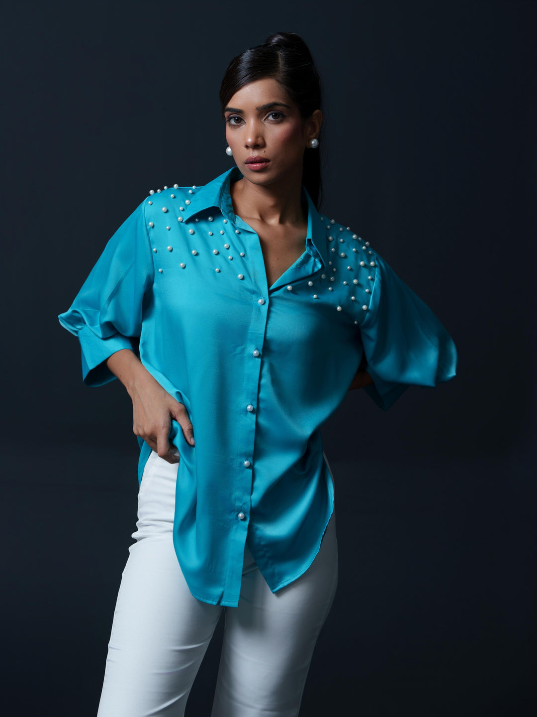 Pearled- Premium Satin Shirt with Pearl Detailing On Shoulders