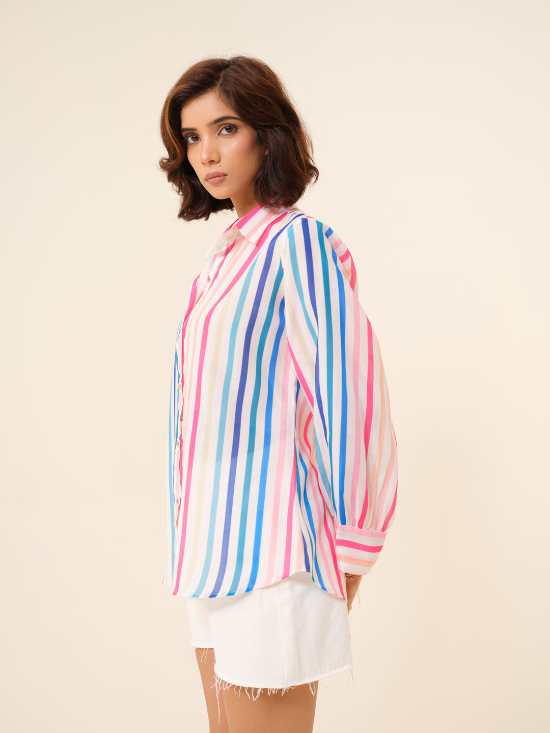 Rainbow - Effortless Chic Striped Button-Down Shirt For Women.