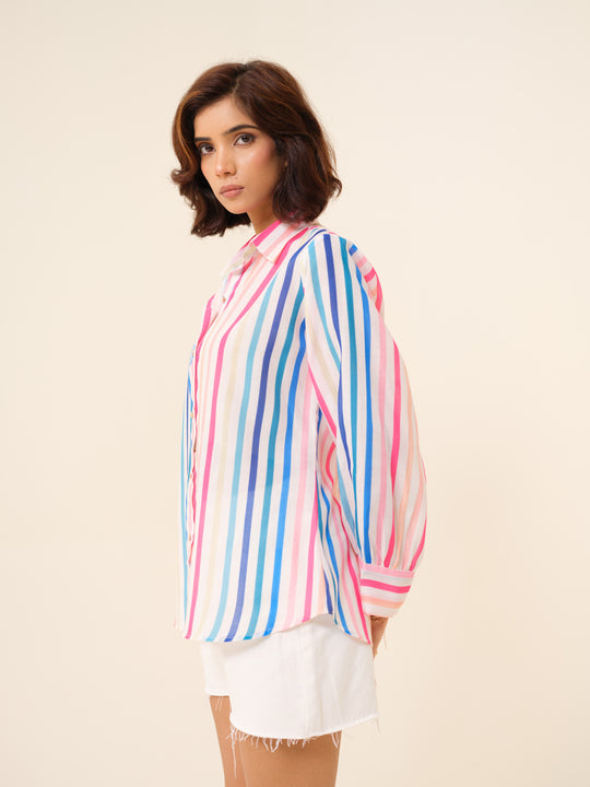 Rainbow - Effortless Chic Striped Button-Down Shirt For Women.