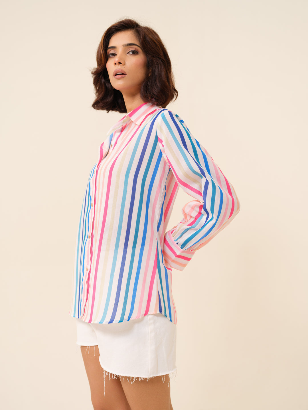 Rainbow - Effortless Chic Striped Button-Down Shirt For Women.