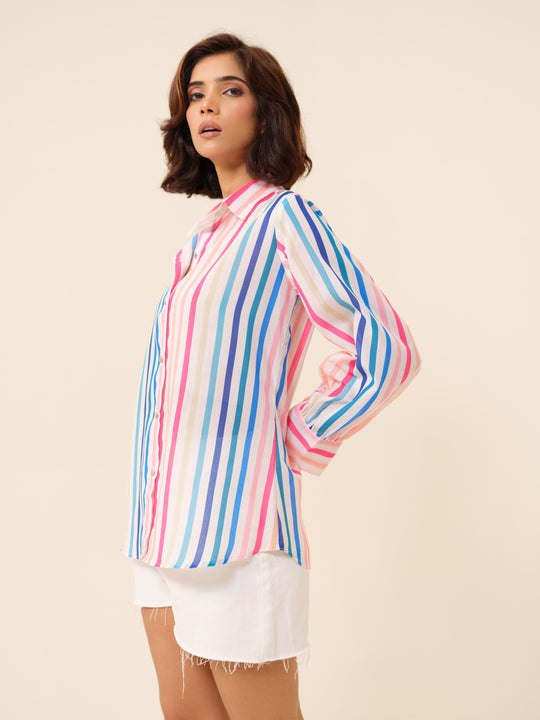 Rainbow - Effortless Chic Striped Button-Down Shirt For Women.
