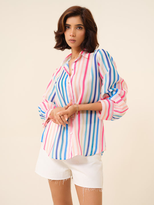 Rainbow - Effortless Chic Striped Button-Down Shirt For Women.