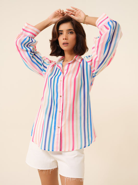 Rainbow - Effortless Chic Striped Button-Down Shirt For Women.