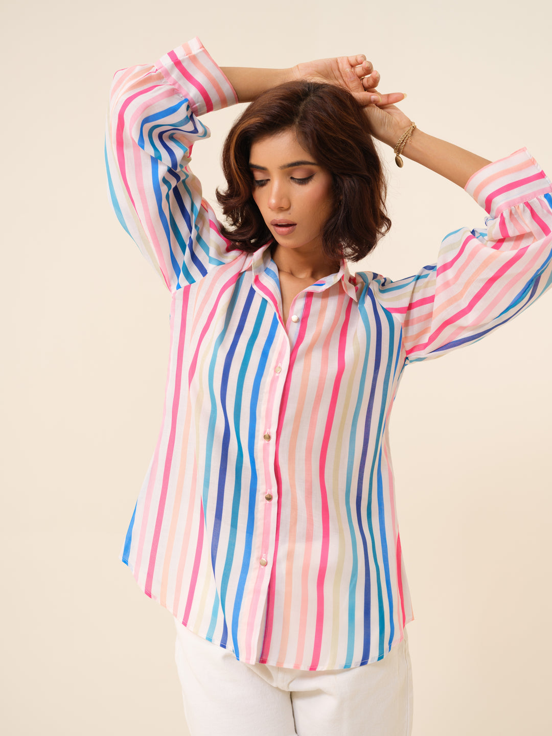 Rainbow - Effortless Chic Striped Button-Down Shirt For Women.