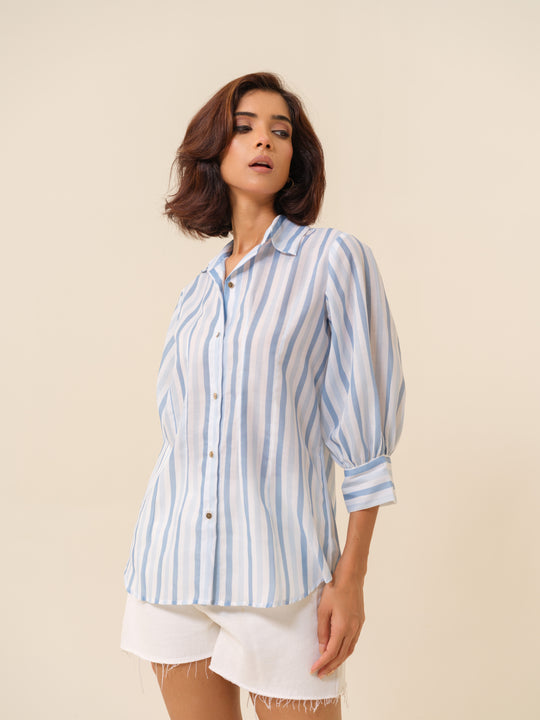 Sky - Striped Cambric Cotton Shirt For Women
