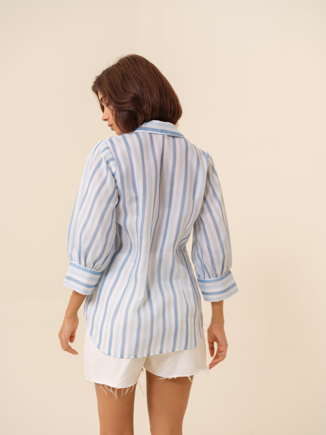 Sky - Striped Cambric Cotton Shirt For Women
