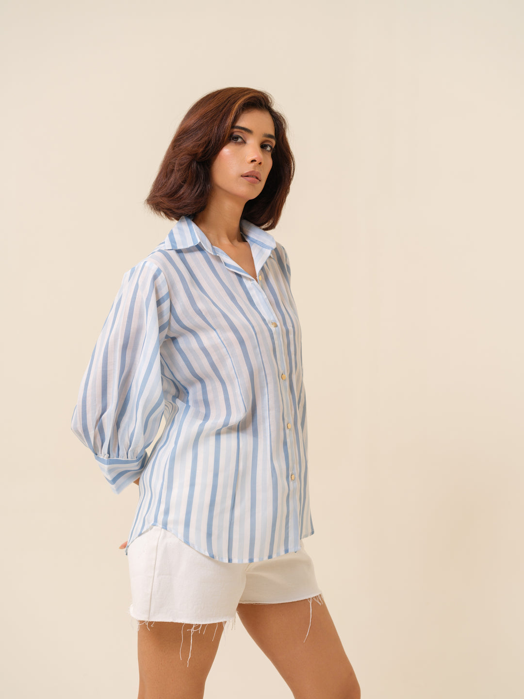 Sky - Striped Cambric Cotton Shirt For Women