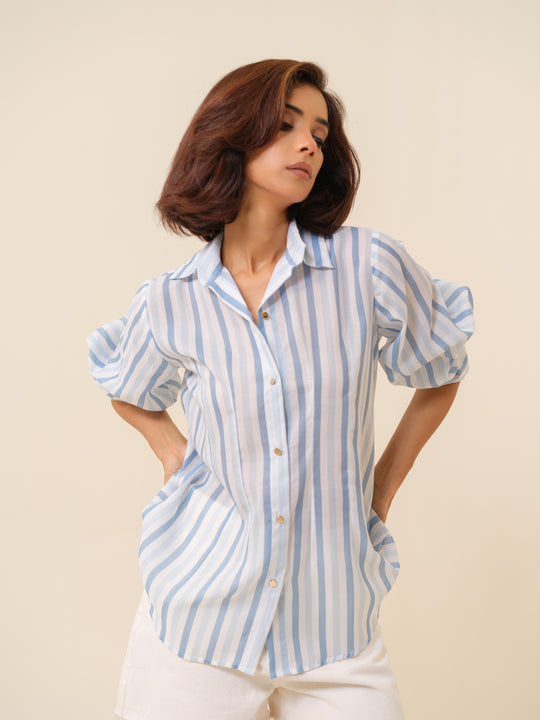 Sky - Striped Cambric Cotton Shirt For Women