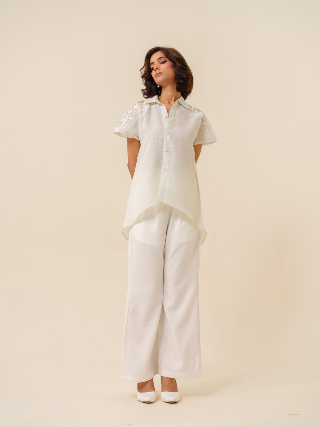 Dizzy- Lace Accent High-Low Shirt For Women