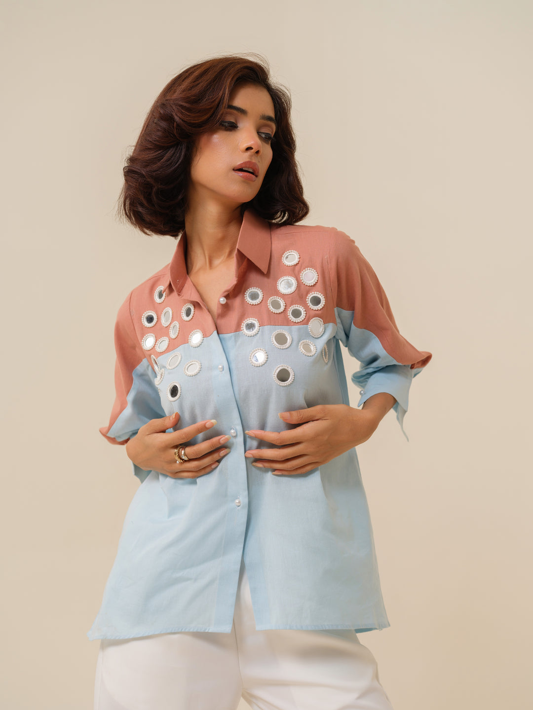 Mimic- Bohemian Mirror-Embellished Shirt For Women