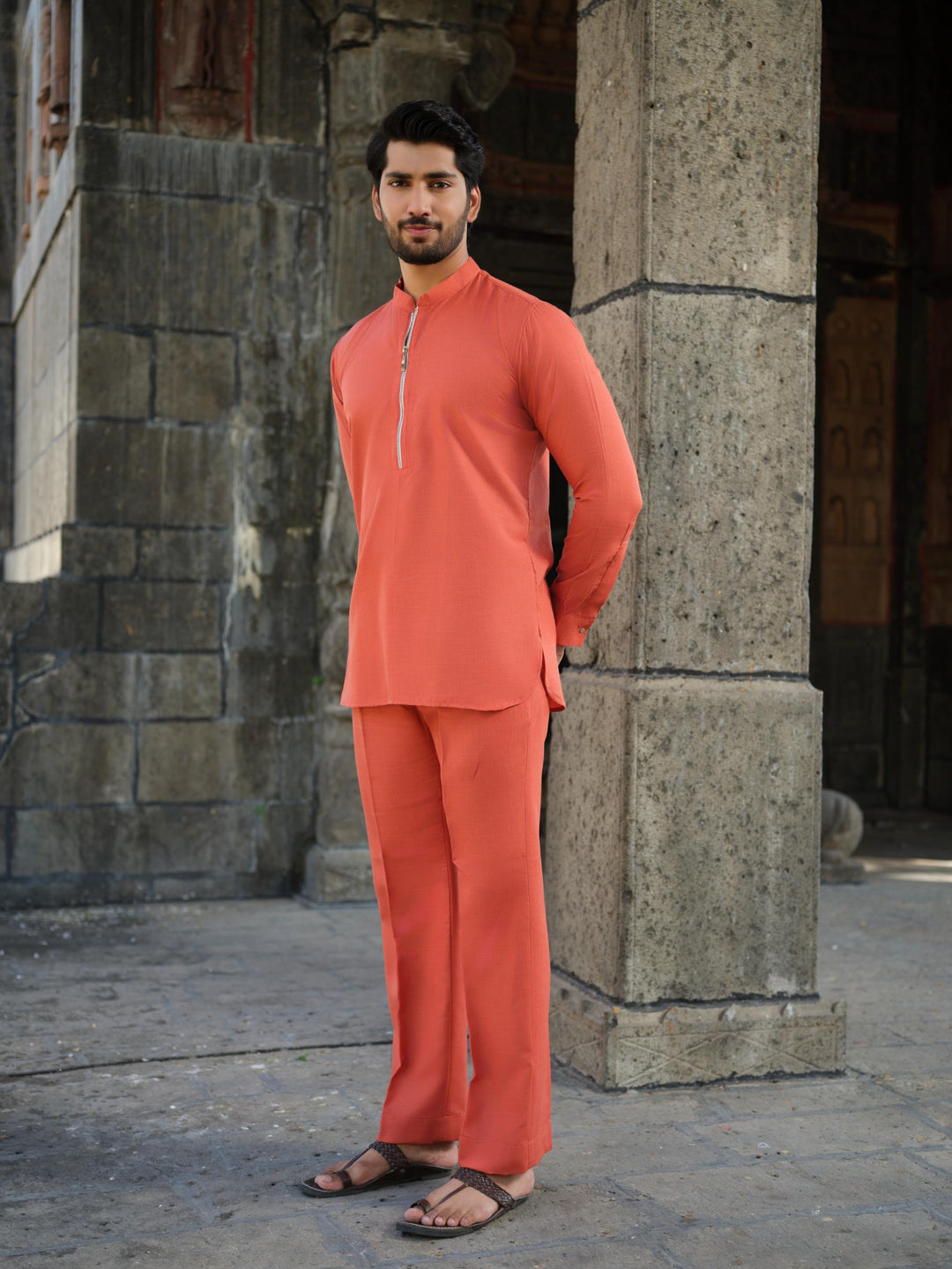 Men’s Cotton-Linen Co-ord Set – Tattva Fire (Rust Orange)