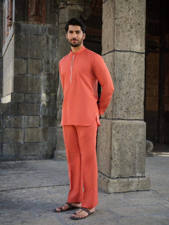 Men’s Cotton-Linen Co-ord Set – Tattva Fire (Rust Orange)