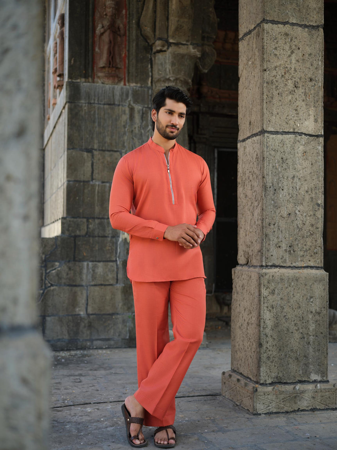 Men’s Cotton-Linen Co-ord Set – Tattva Fire (Rust Orange)